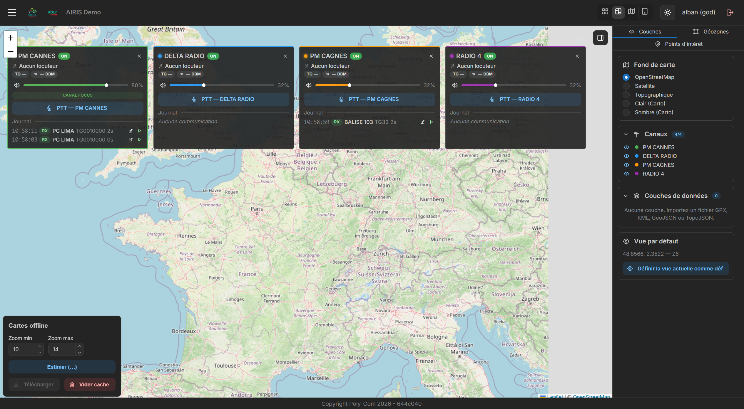 Interface AIRIS — supervision multivoie sur carte avec 4 canaux radio actifs